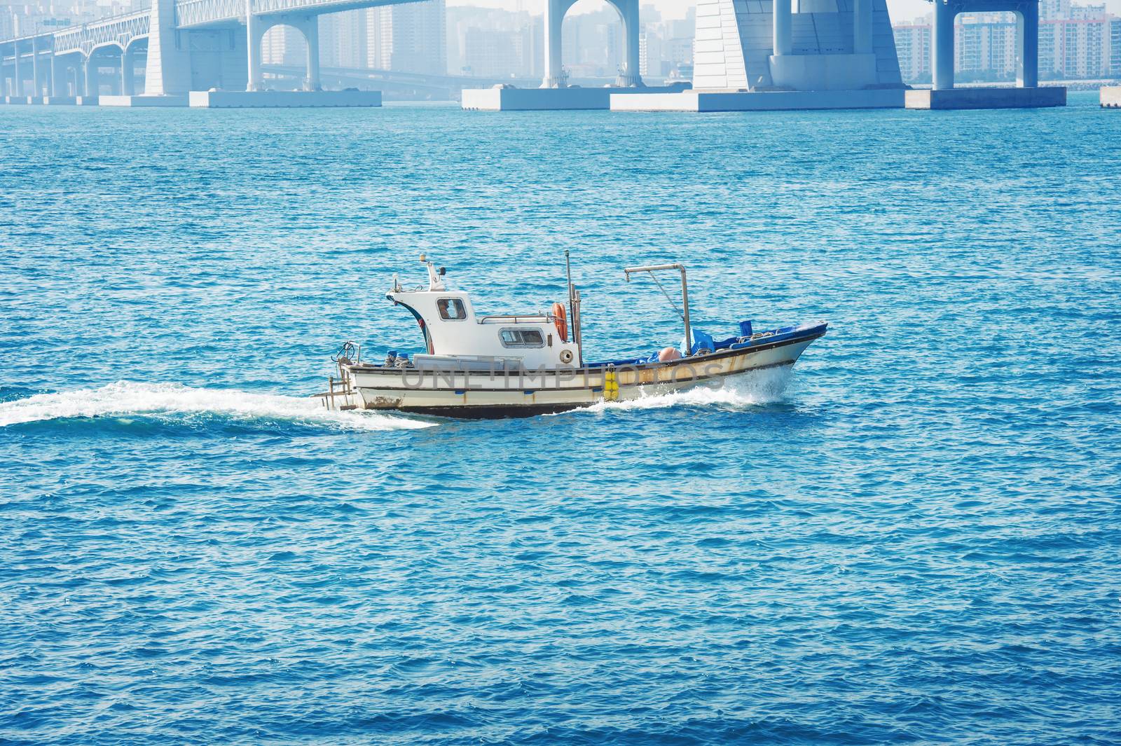 fishing boat in sea.