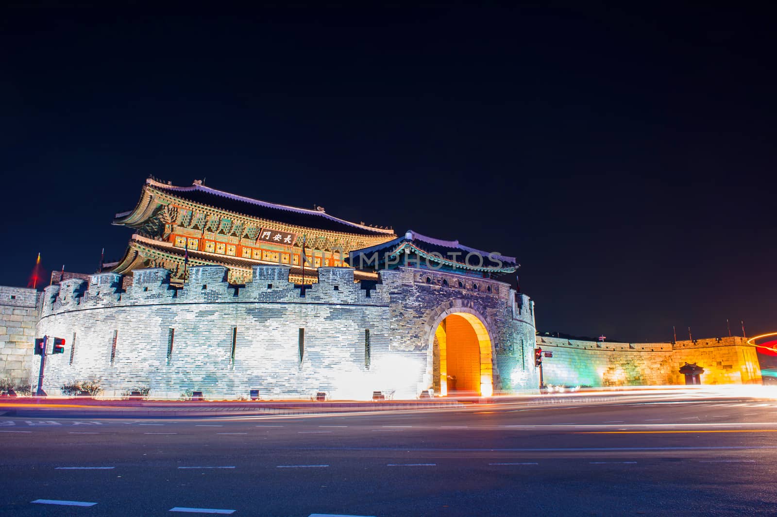 Hwaseong fortress at night in Suwon,Korea