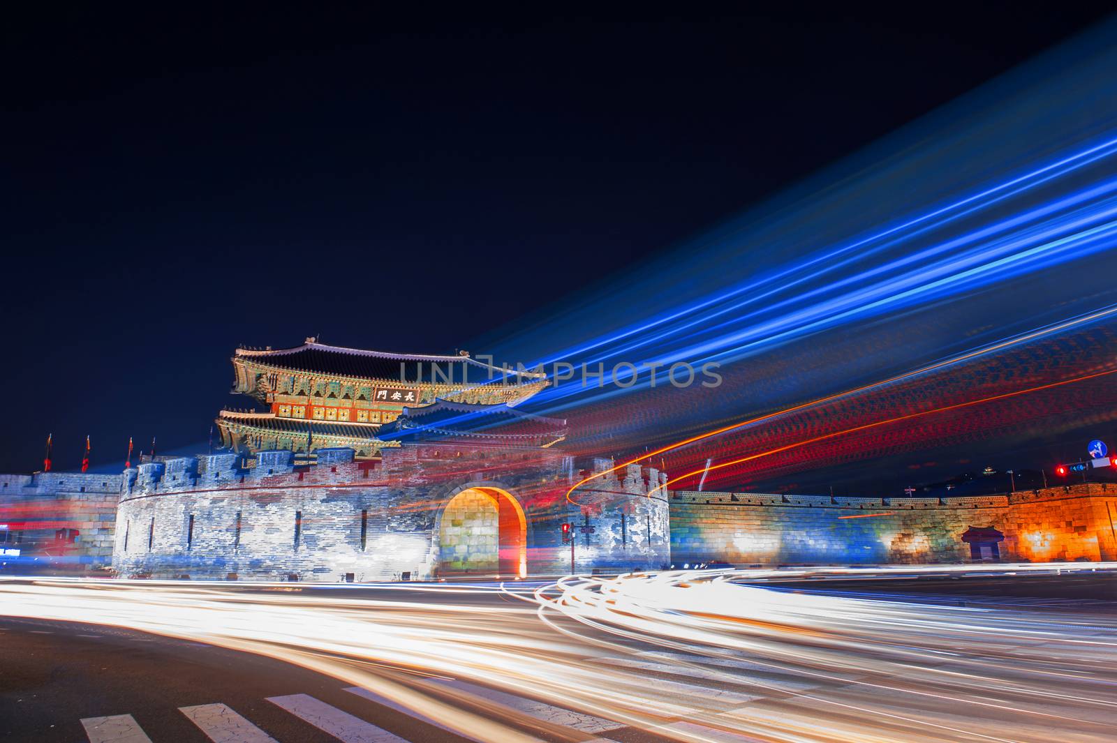 Hwaseong fortress and car light at ninht in Suwon,Korea