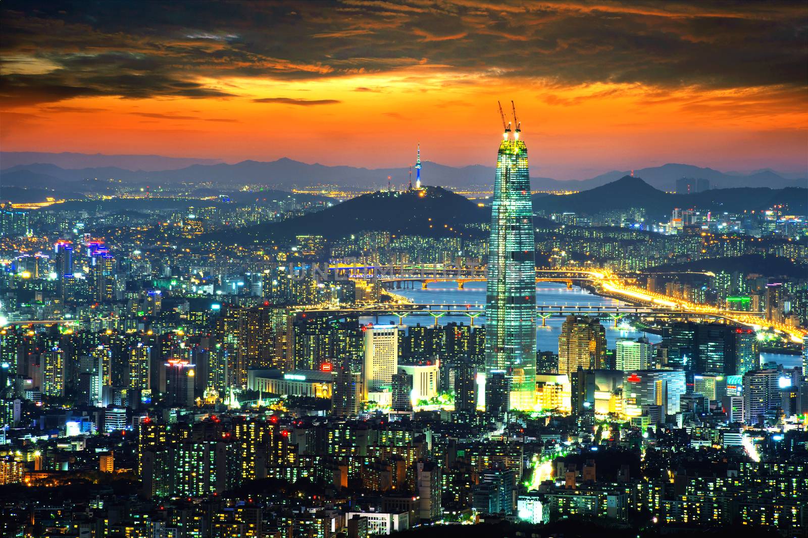 South Korea skyline of Seoul, The best view of South Korea with Lotte world mall at Namhansanseong Fortress.