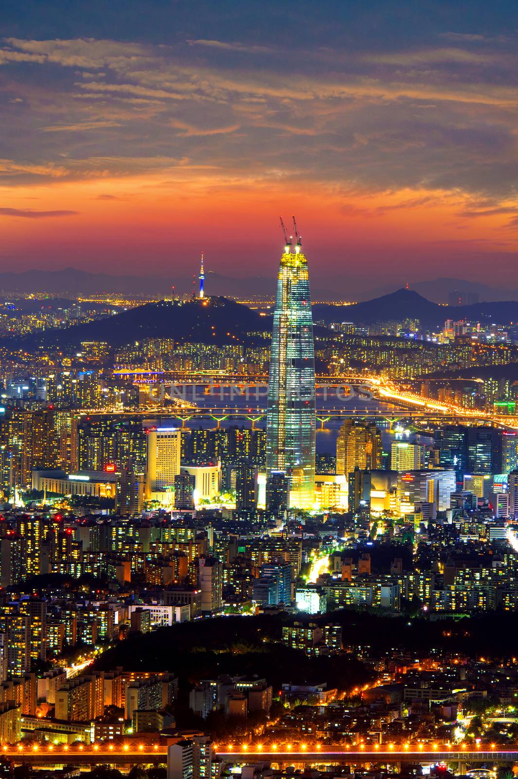 South Korea skyline of Seoul, The best view of South Korea with Lotte world mall at Namhansanseong Fortress.