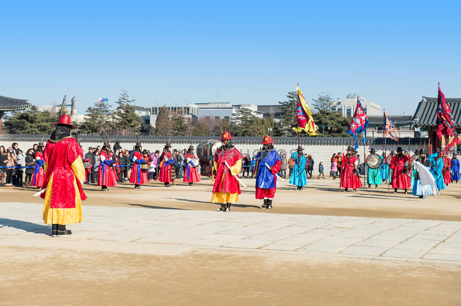 SEOUL, SOUTH KOREA - JANUARY 17: Soldier with traditional Joseon dynasty uniform guards the Gyeongbokgung Palace on January 17, 2015 in Seoul, South Korea.