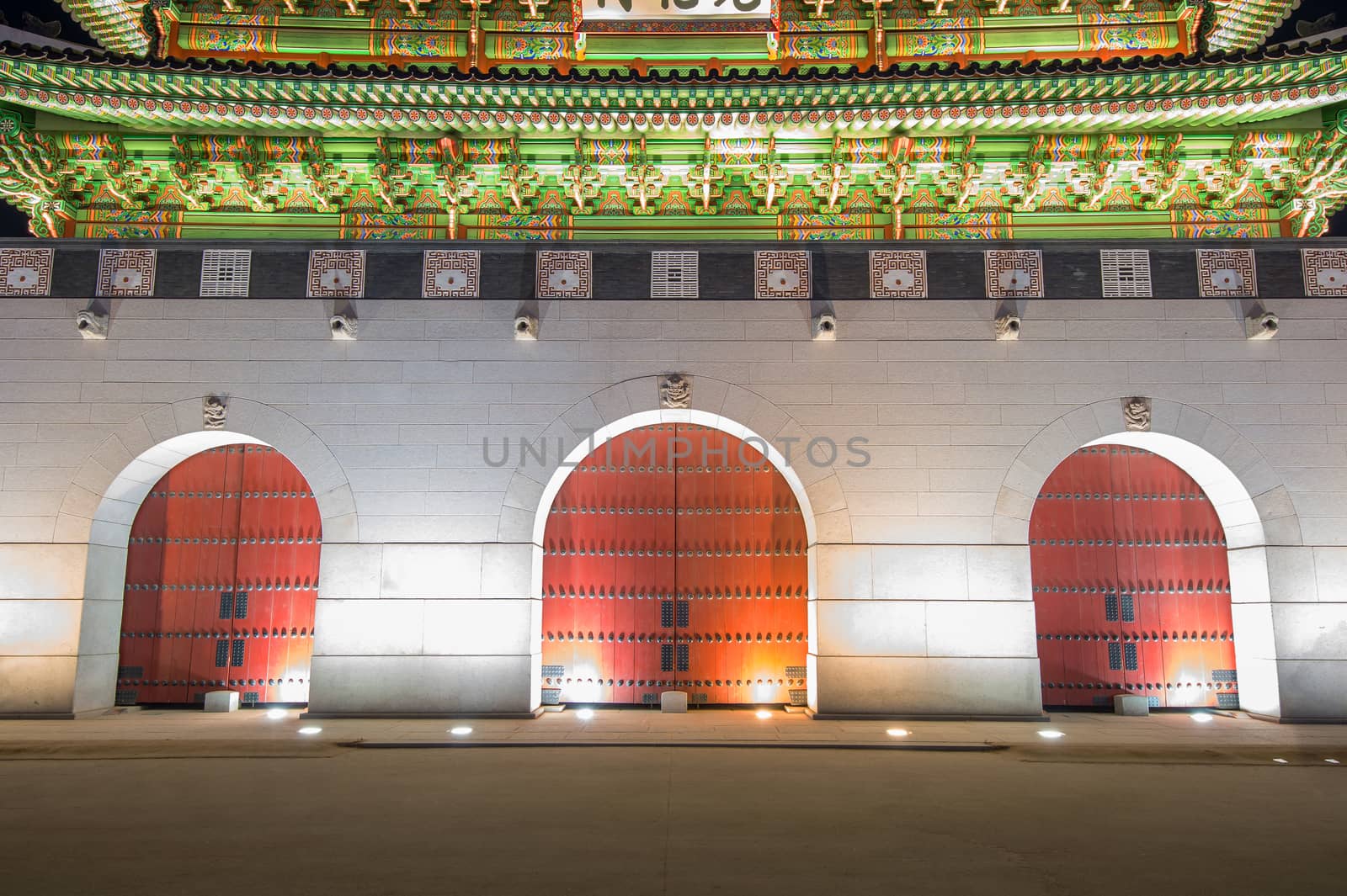 The Door of Geyongbokgung Palace at night in Seoul, South Korea. by gutarphotoghaphy