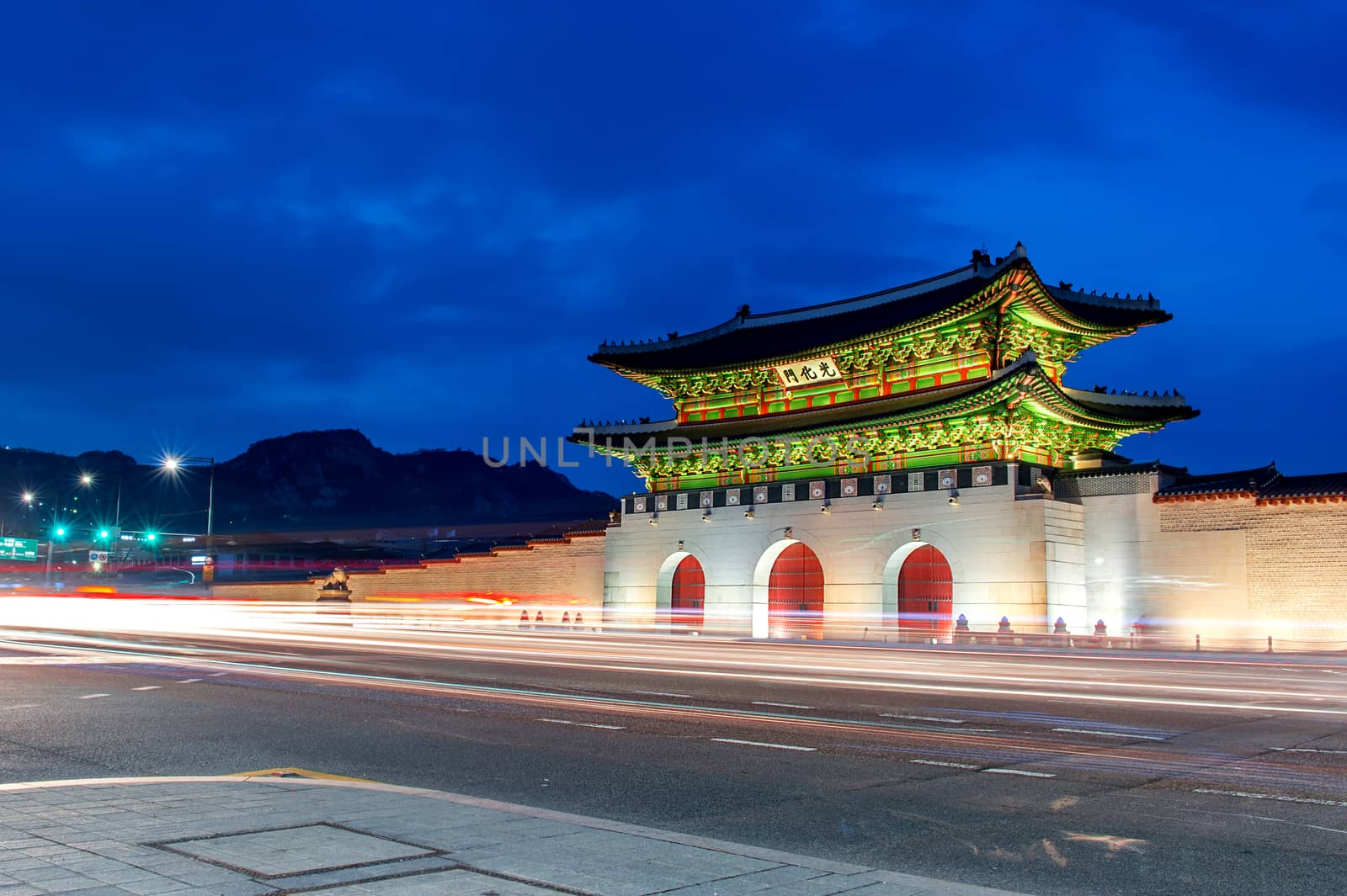 Gyeongbokgung palace at night in Seoul, South Korea.