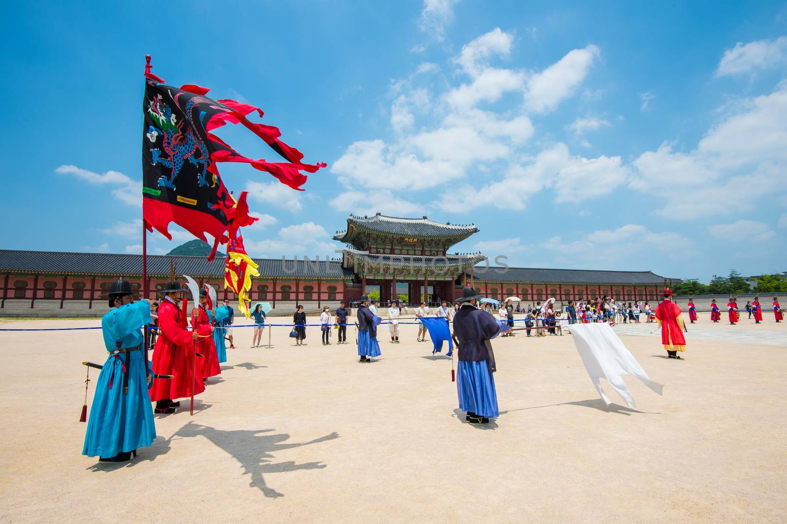 SEOUL, SOUTH KOREA - JULY 5: Soldier with traditional Joseon dynasty uniform guards the Gyeongbokgung Palace on July 5, 2015 in Seoul, South Korea.