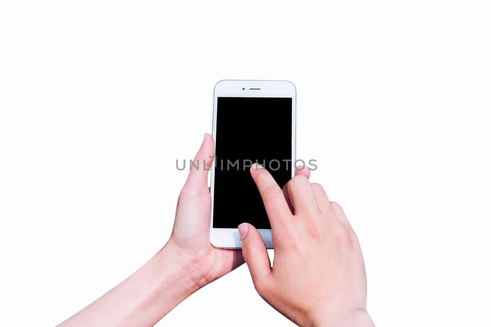 Hand holding smart phone isolated on white background.