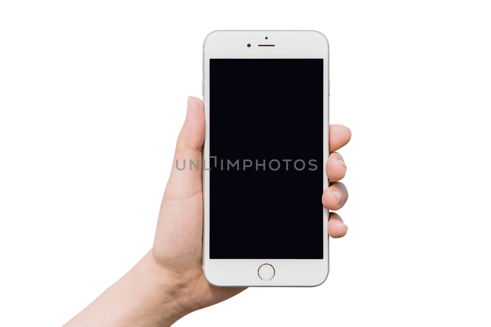 Hand holding smart phone isolated on white background.