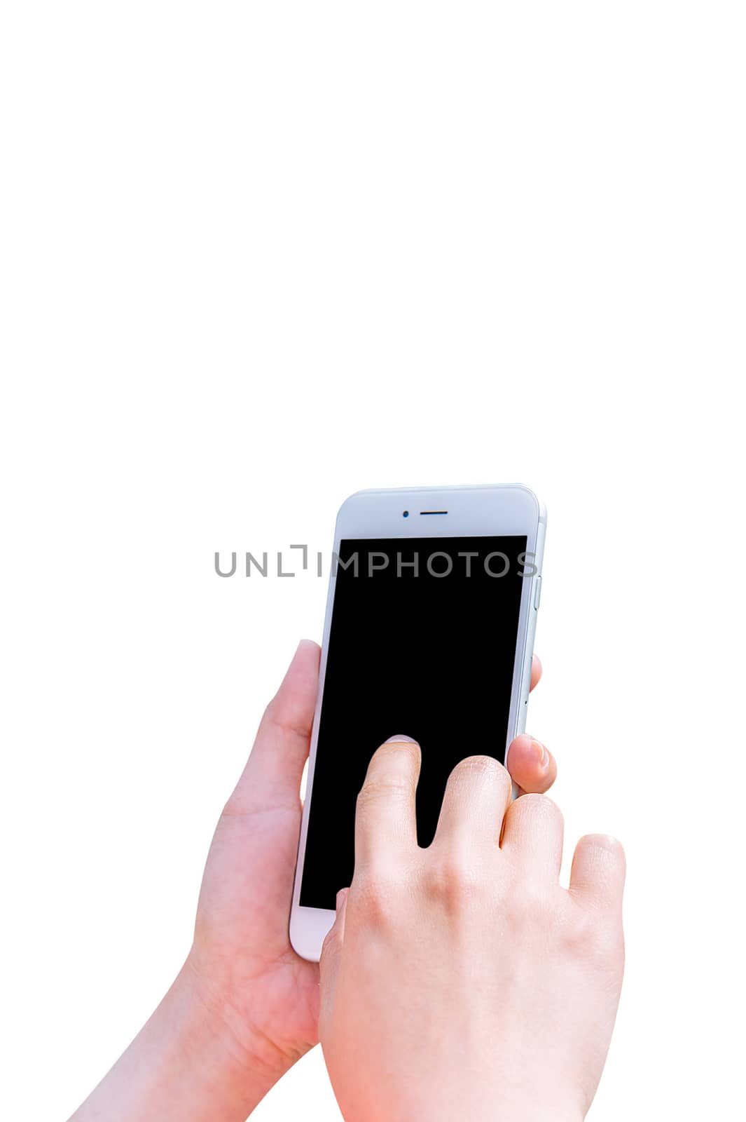 Hand holding smart phone isolated on white background.