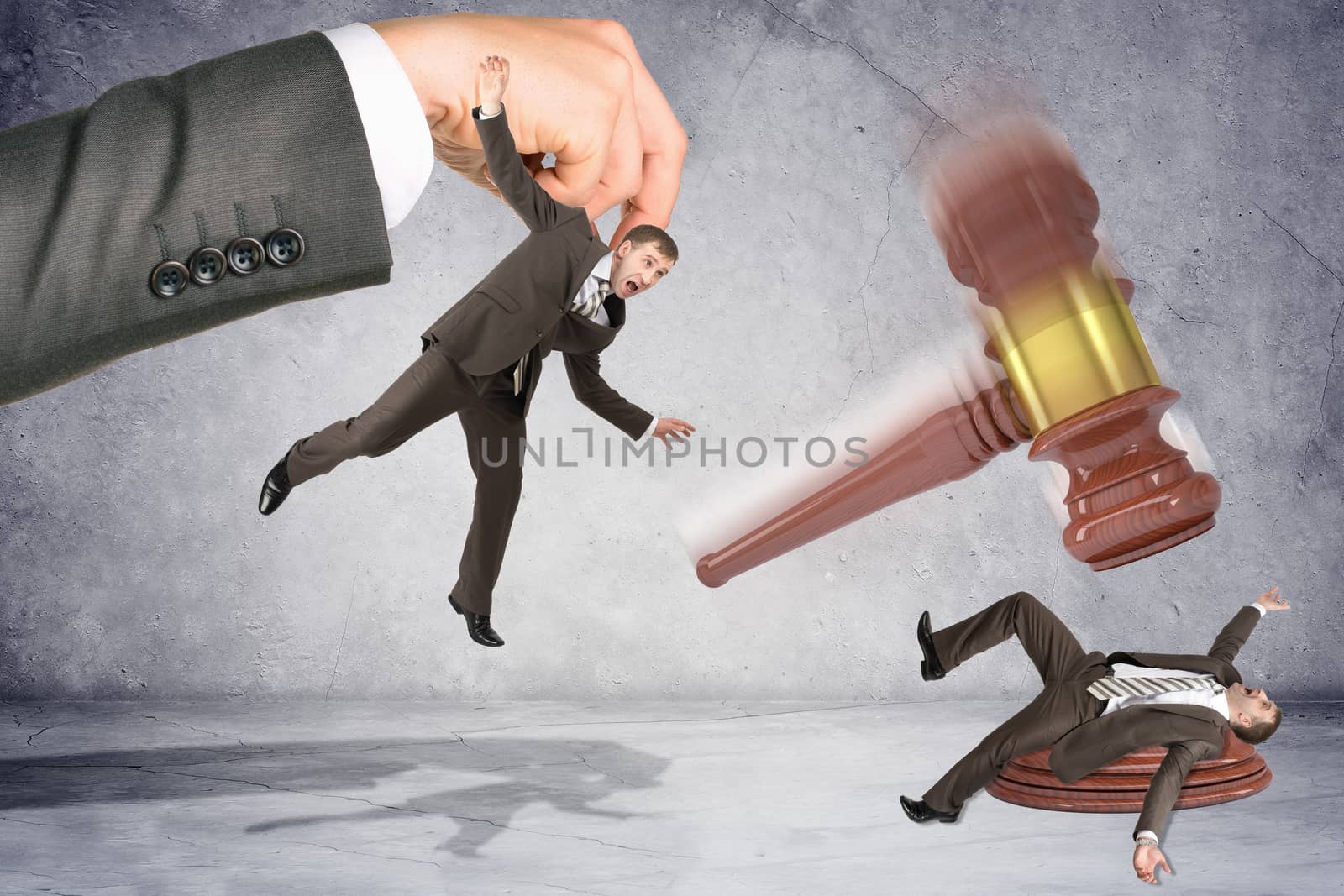Inscribed gavel hitting scared businessman and another man waiting, justice concept