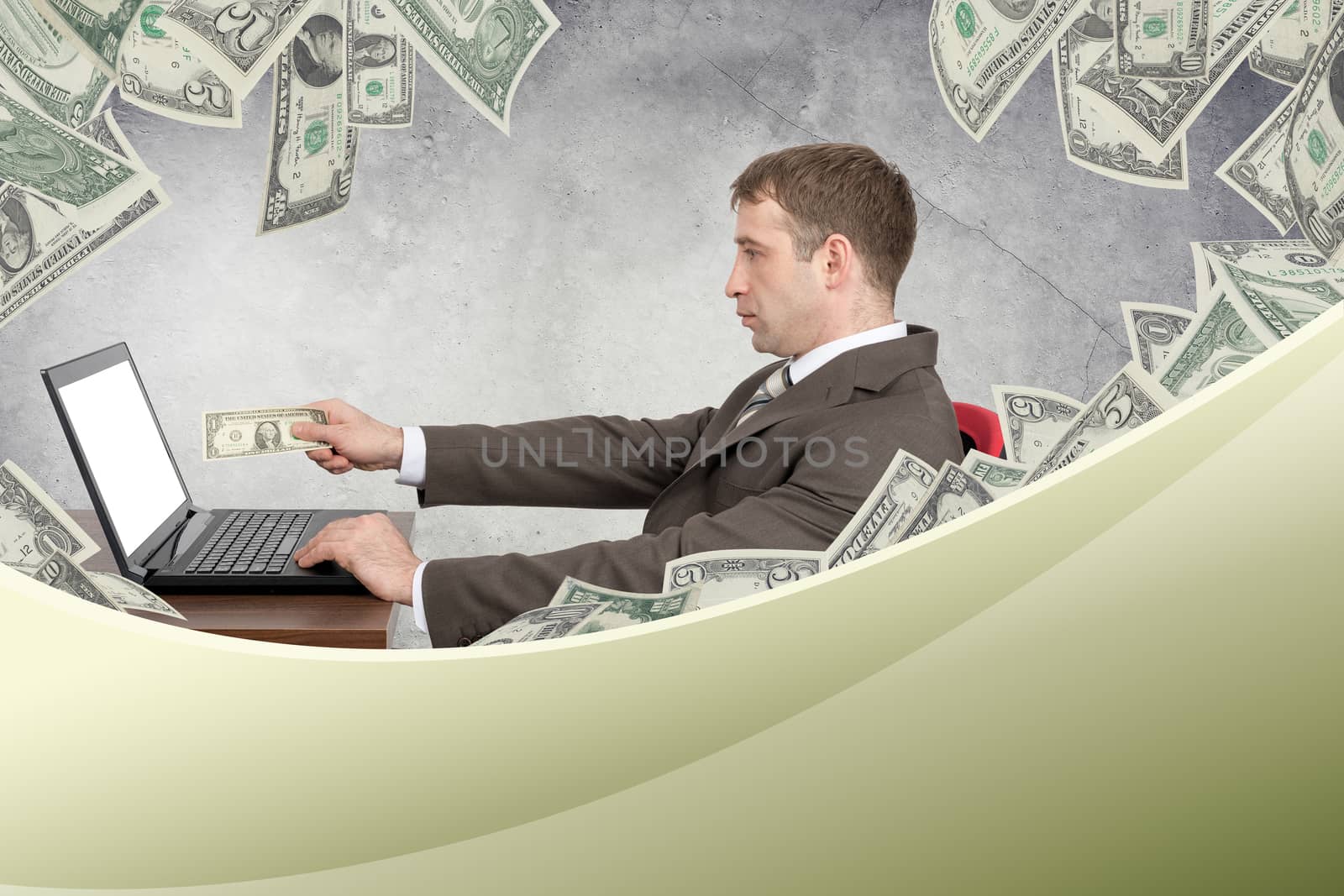 Businessman giving dollar to laptop by cherezoff