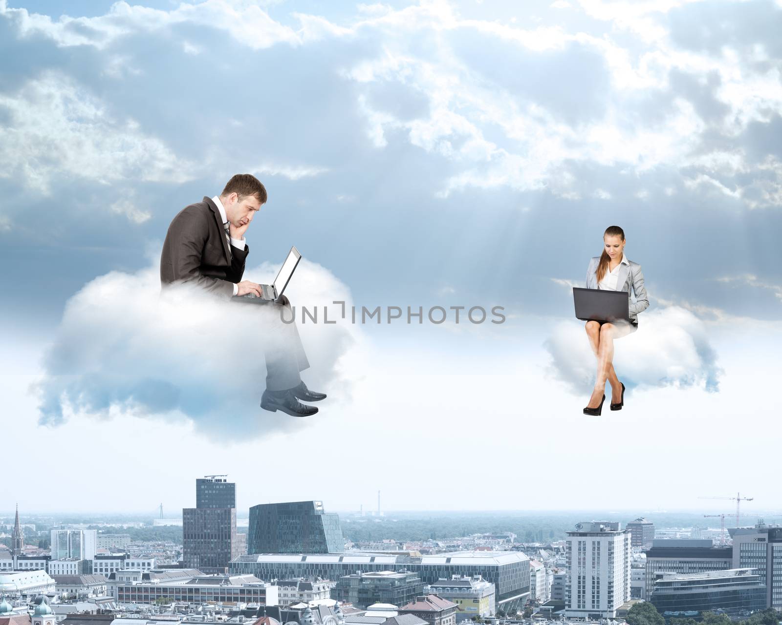 Business people working on laptops and sitting on clouds,  co-working concept