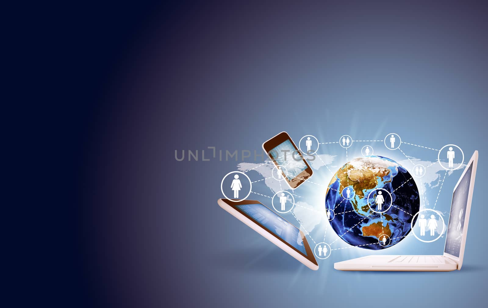 Earth between laptop, smartphone and tablet by cherezoff