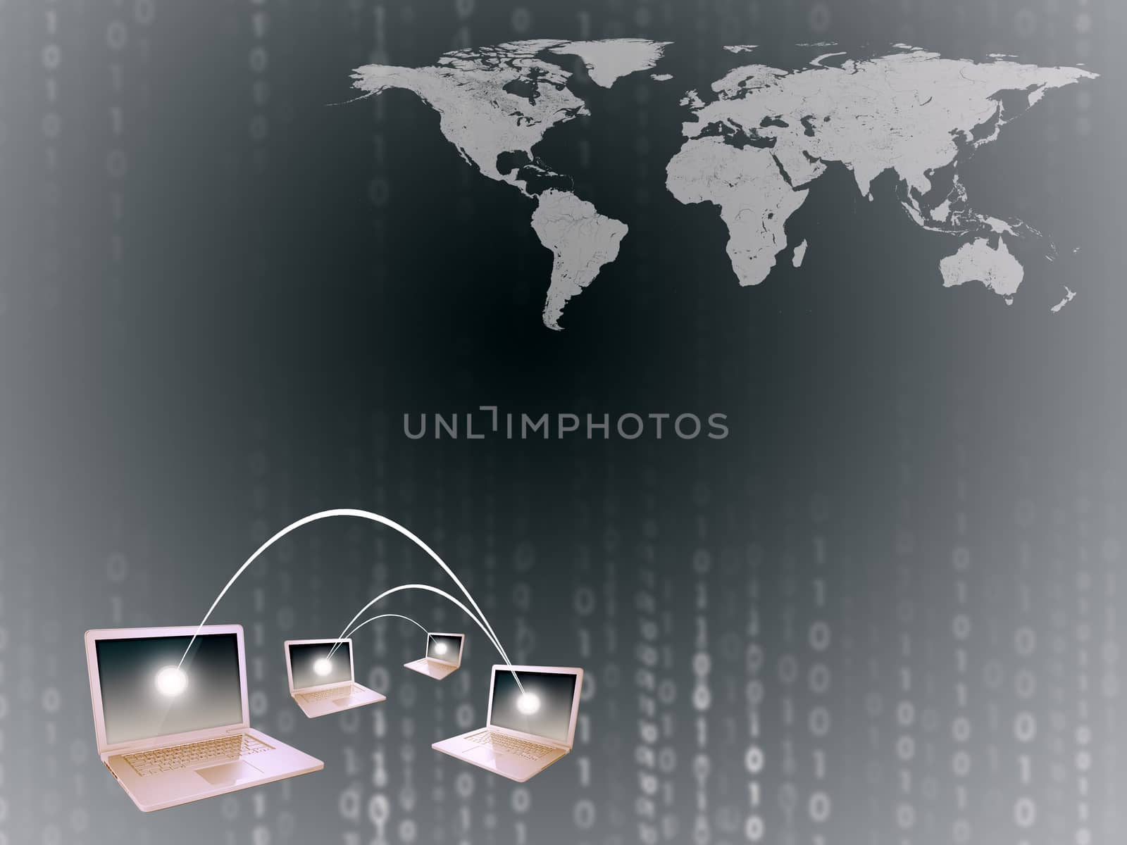 Set of laptops on abstract background with world map, internet concept