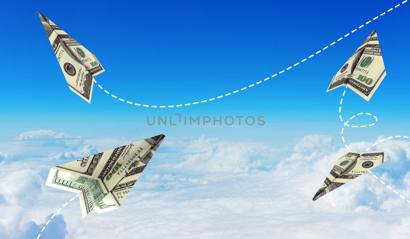 Set of dollar airplanes in blue sky with clouds, money concept