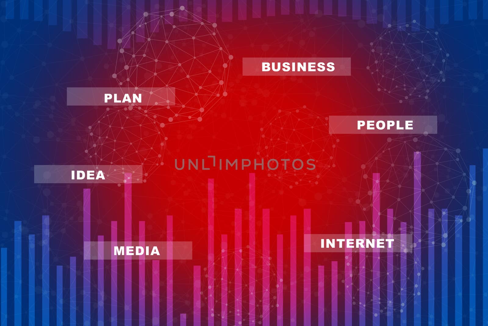 Abstract blue and red background with light spots and business words