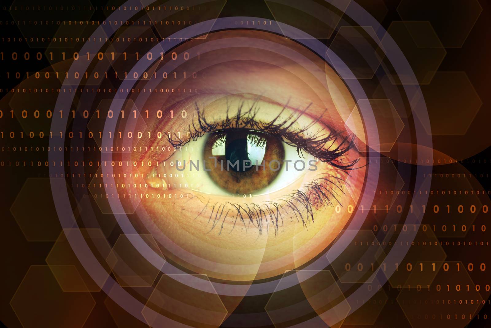 Woman eye in circles with numbers, technology concept