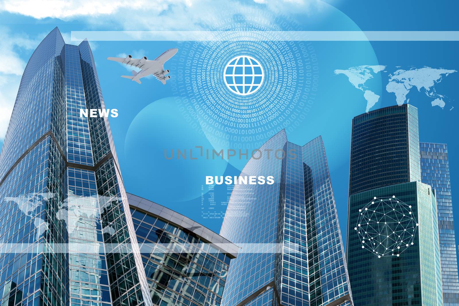 Skyscrapers with world map, jet and business words, business concept