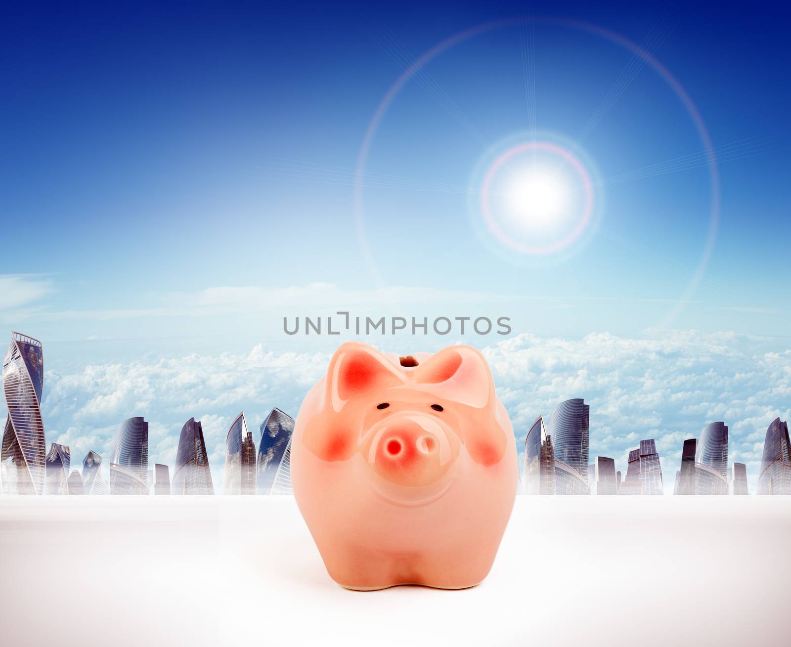 Big piggy bank with cityscape, business concept