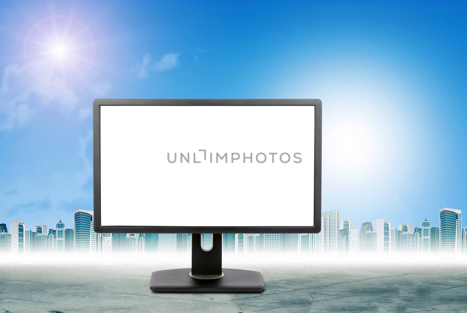 Monitor with blank screen and cityscape background, internet concept