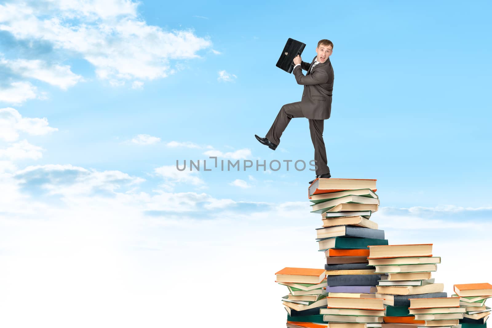 Businessman on pile of books twith briefcase, business concept