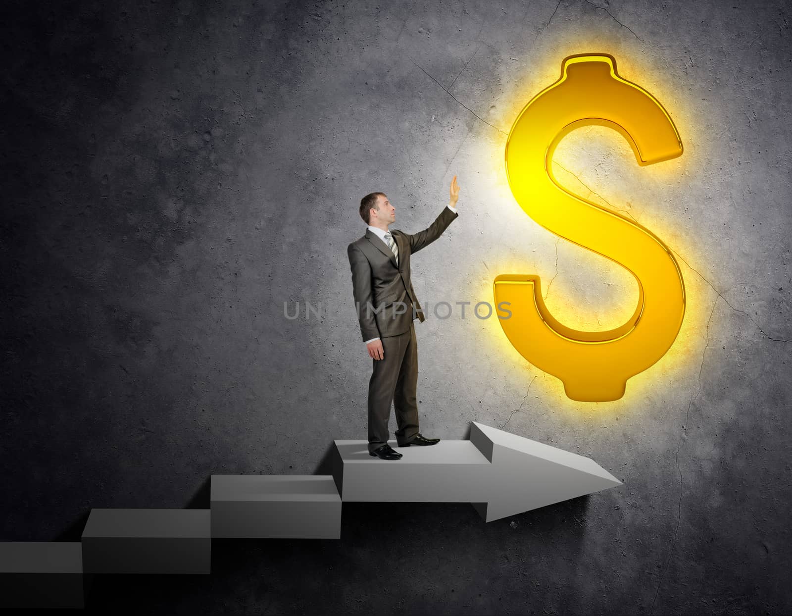 Businessman touching dollar sign standing on stairs, business concept