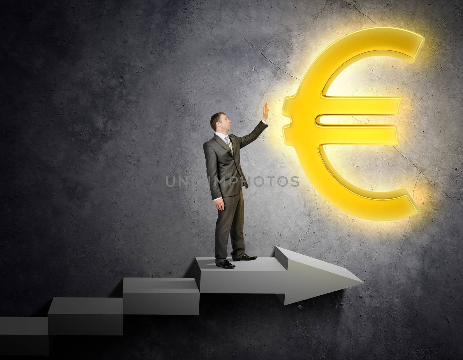 Businessman touching euro sign standing on stairs, business concept