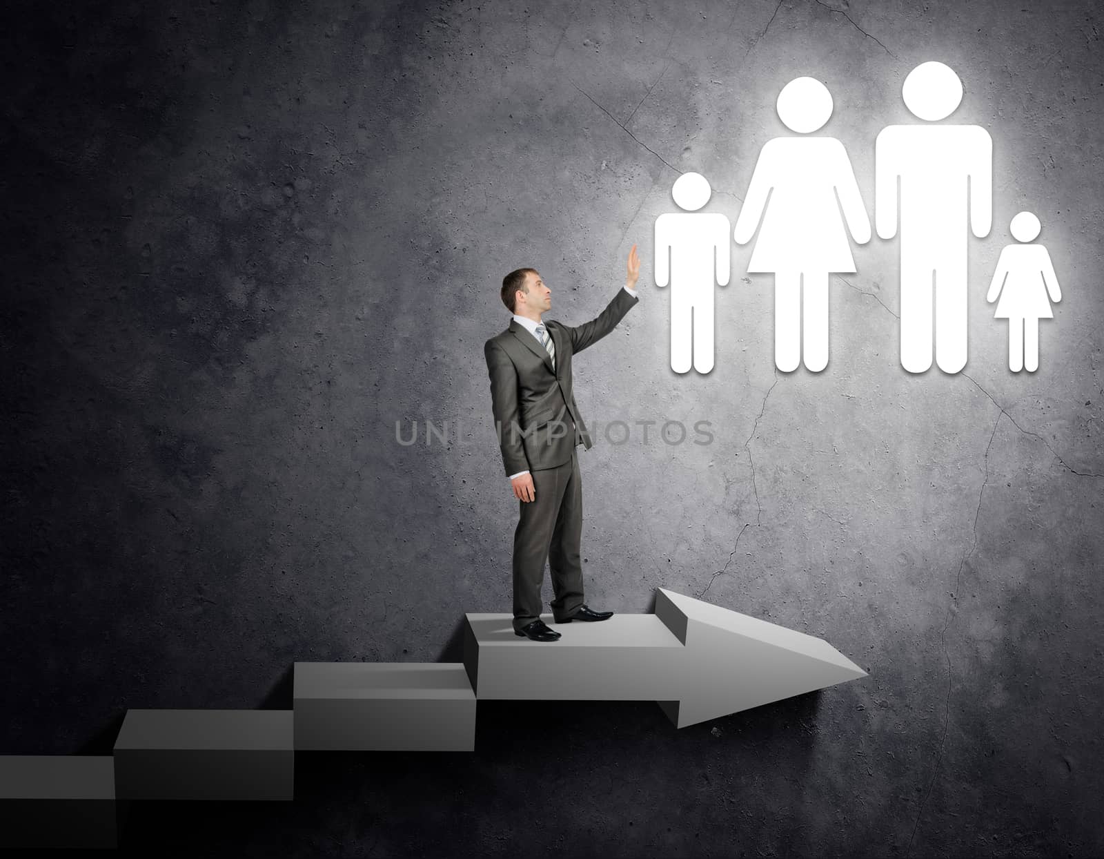 Businessman touching people sign standing on stairs, business concept