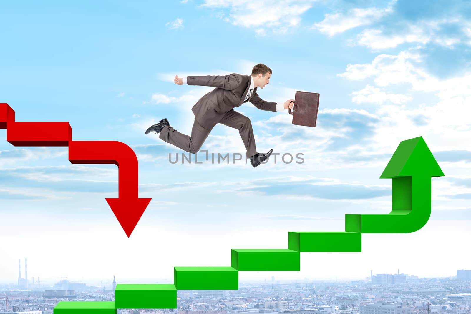 Businessman running on colorful arrows, business concept