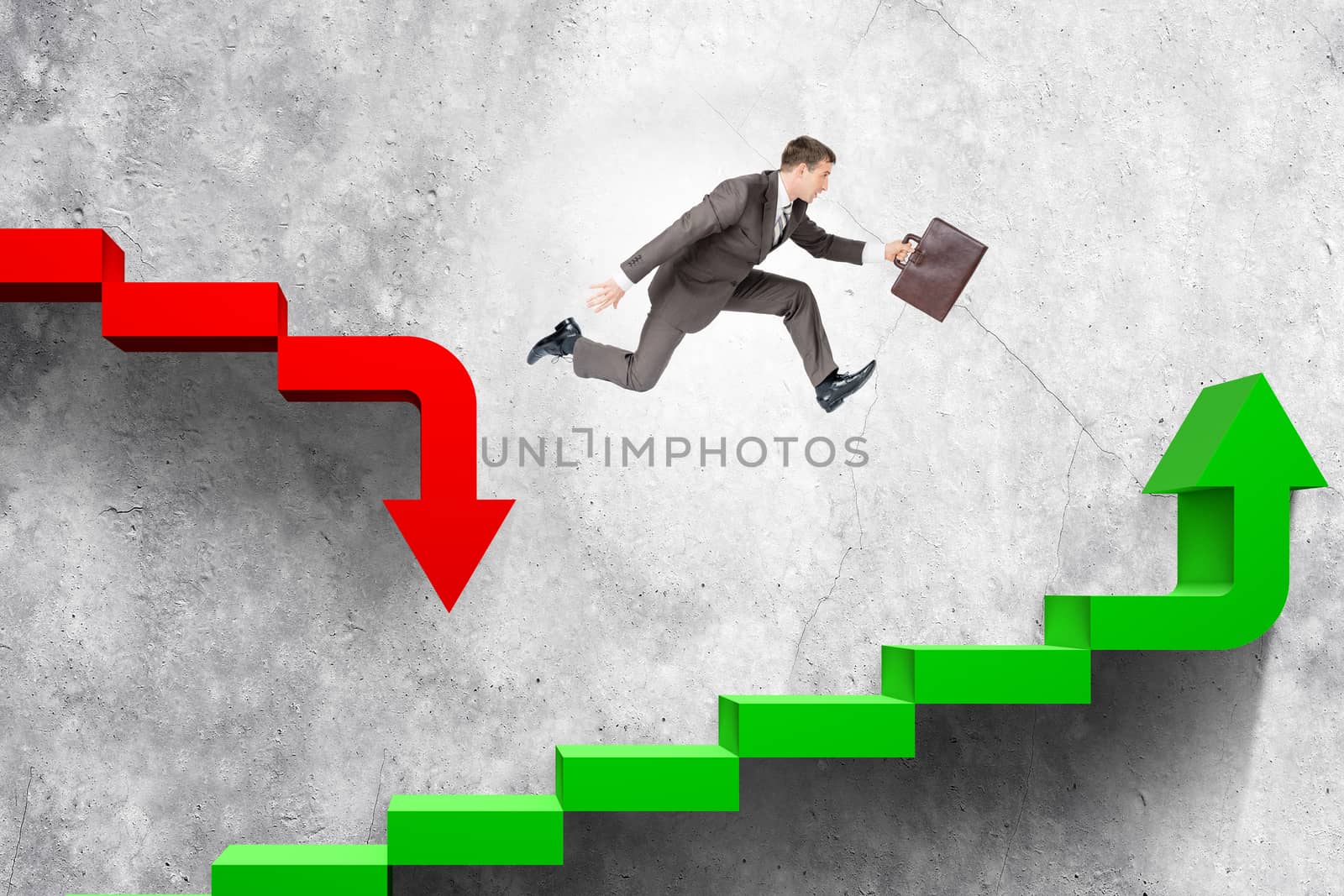Businessman running on colorful arrows, business concept