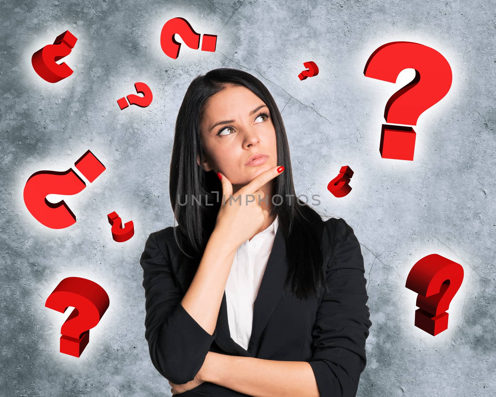 Thinking businesswoman with question signs around, business concept