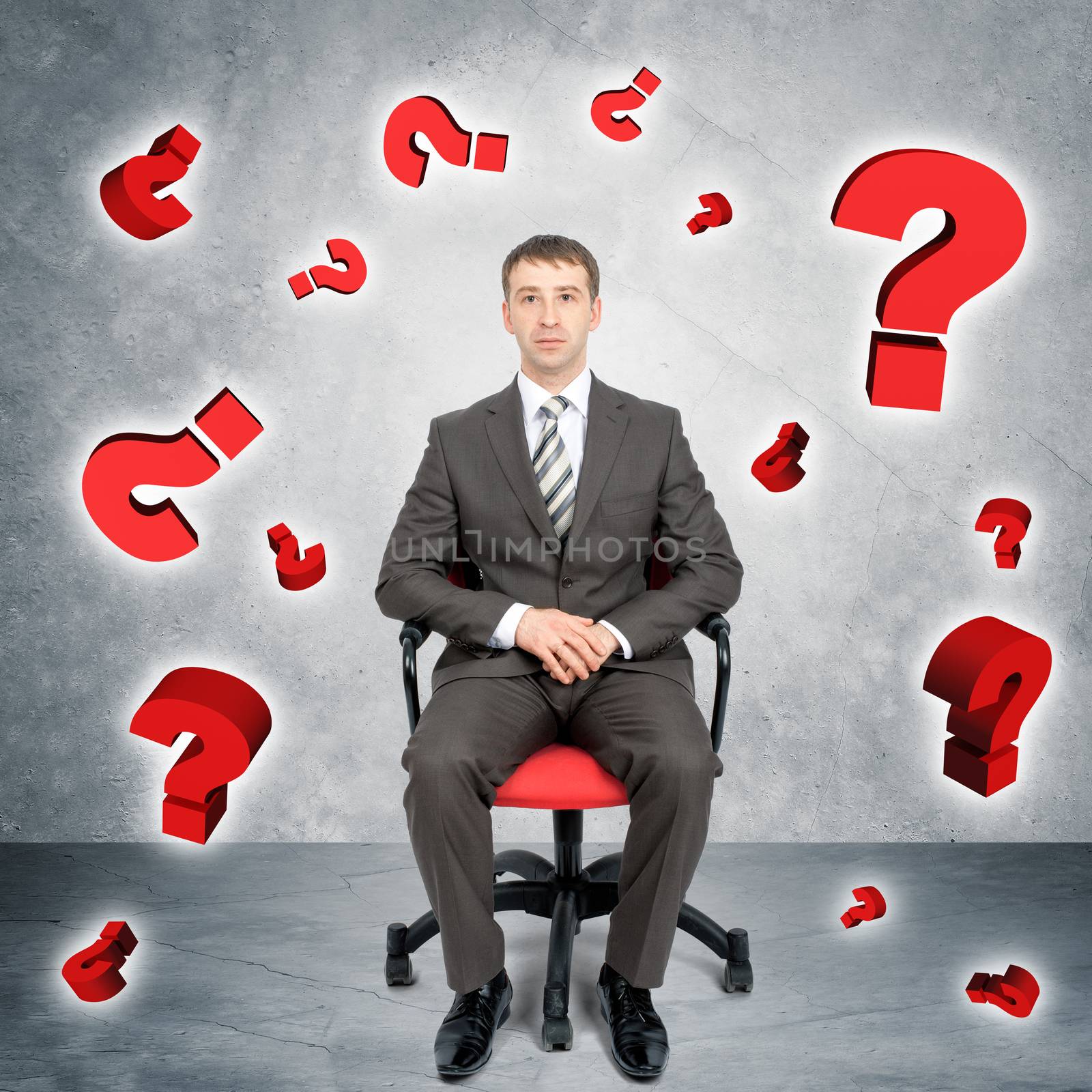 Businessman sitting in chair with question signs around, business concept