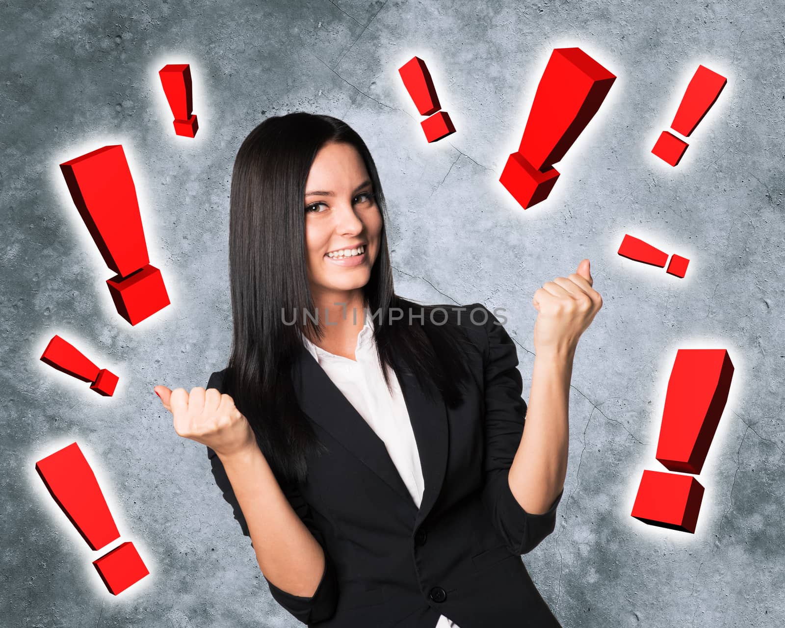 Smiling businesswoman with exclamation signs around, business concept