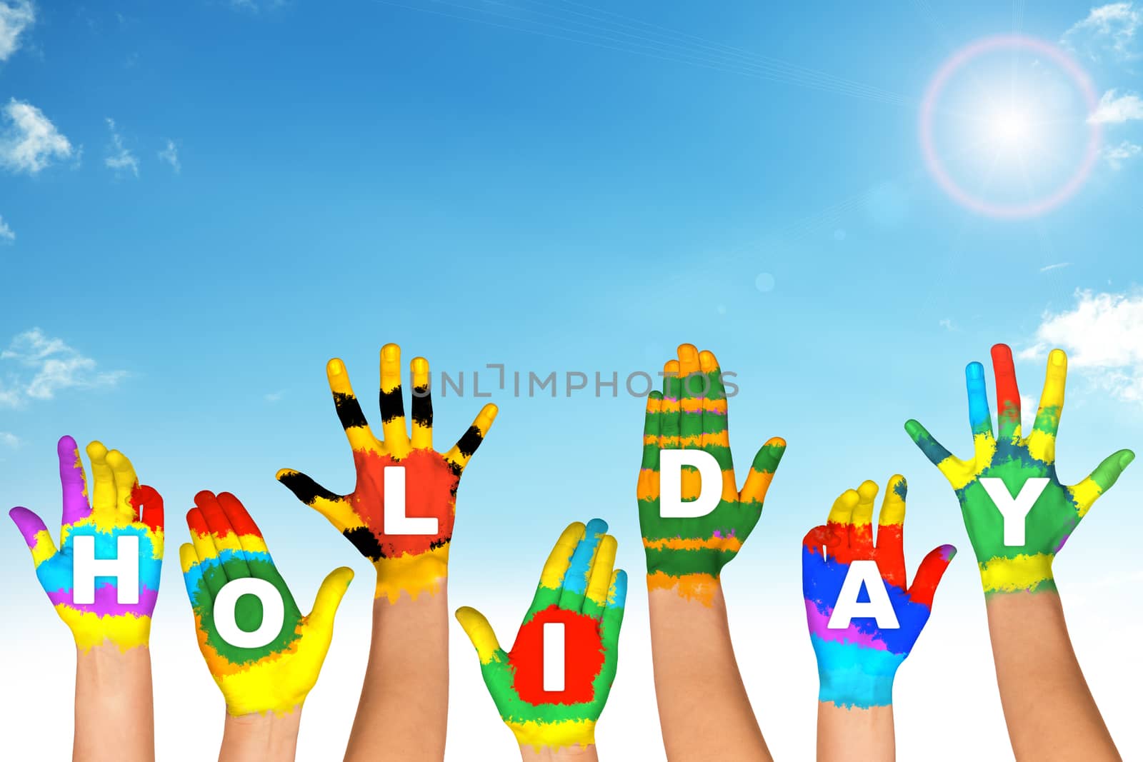 Set of colorful hands with word holiday, relax concept