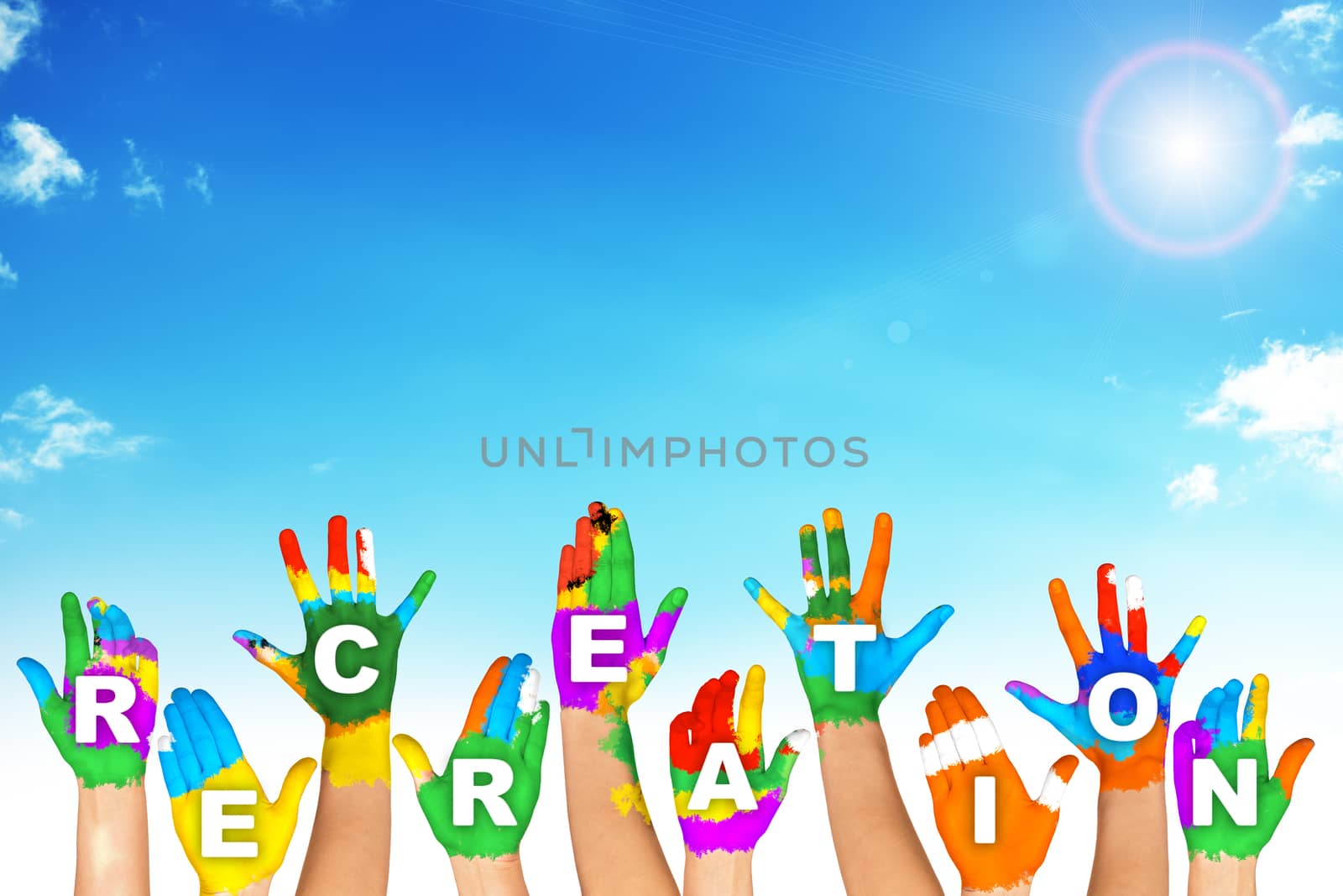 Set of colorful hands with word recreation, relax concept