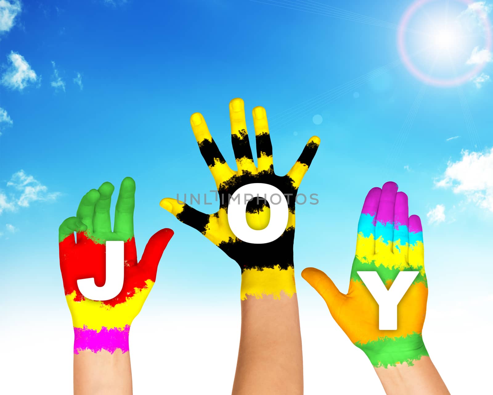 Set of colorful hands with word joy, relax concept
