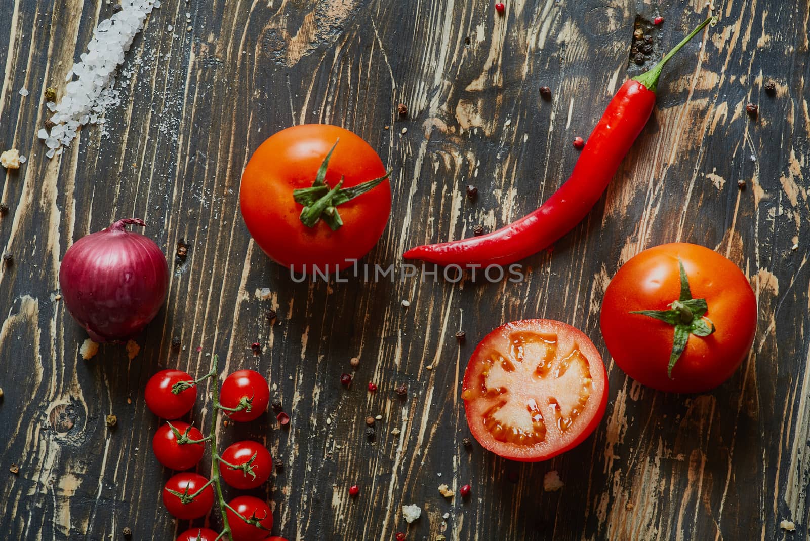 Village vegetables scattered on the wooden table