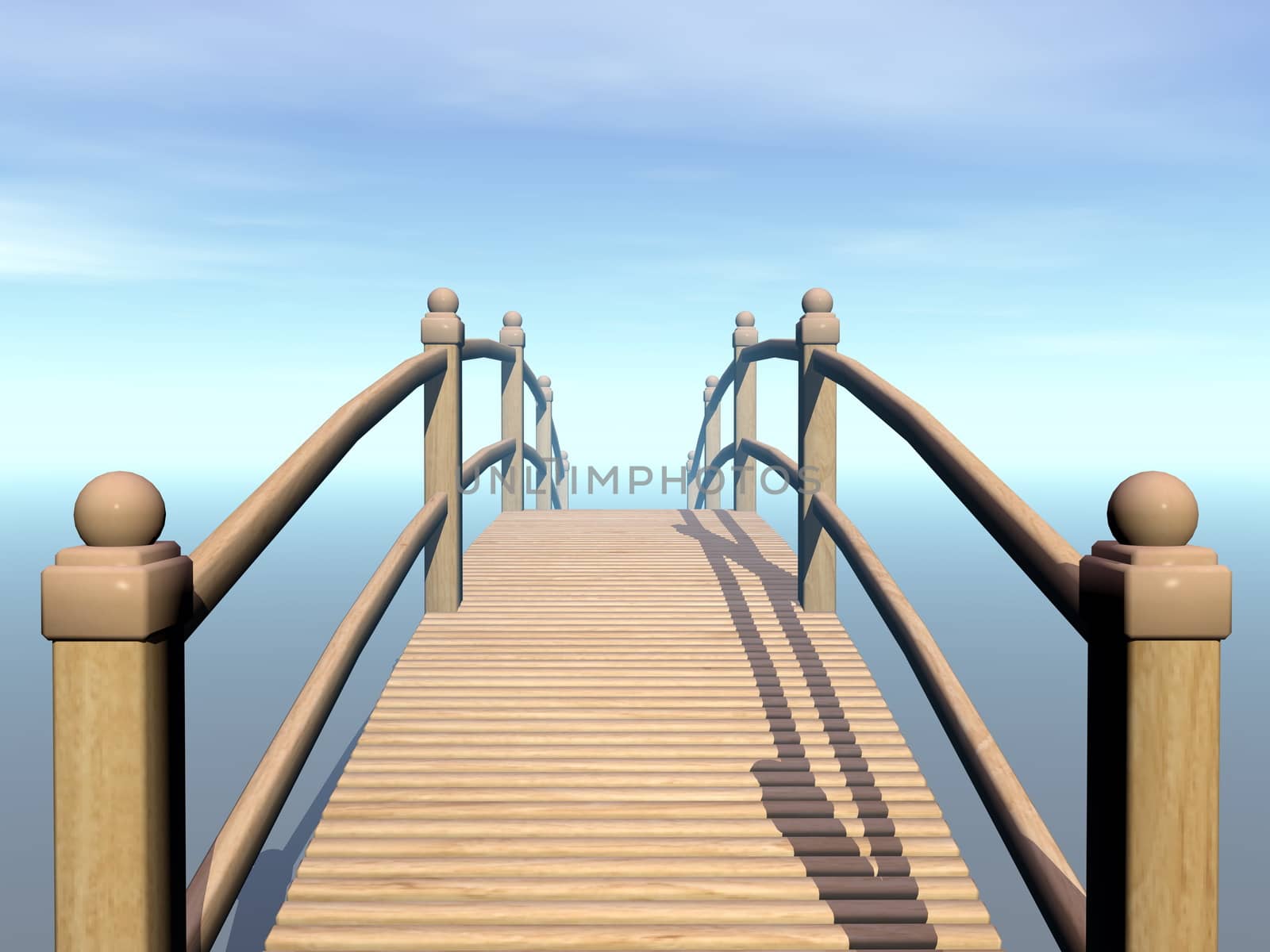 Wooden bridge leading to the blue sky - 3D render