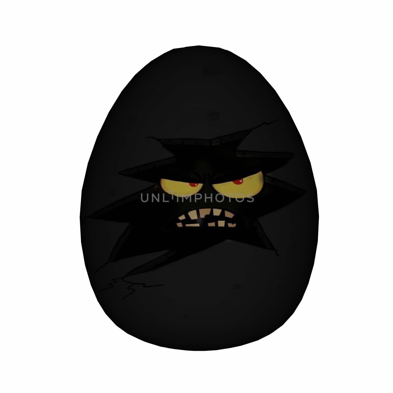 Easter scary black egg with yellow eyes and angry face isolated in white background - 3D render