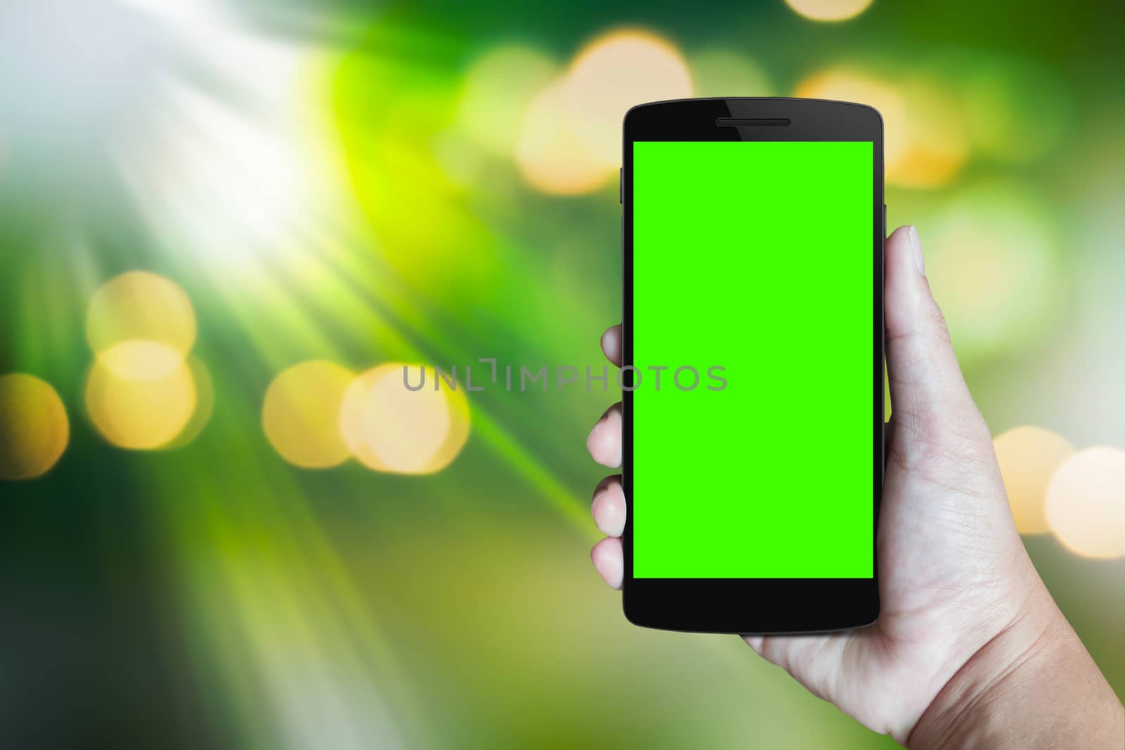 Modern mobile phone in the hand,on blur background image 