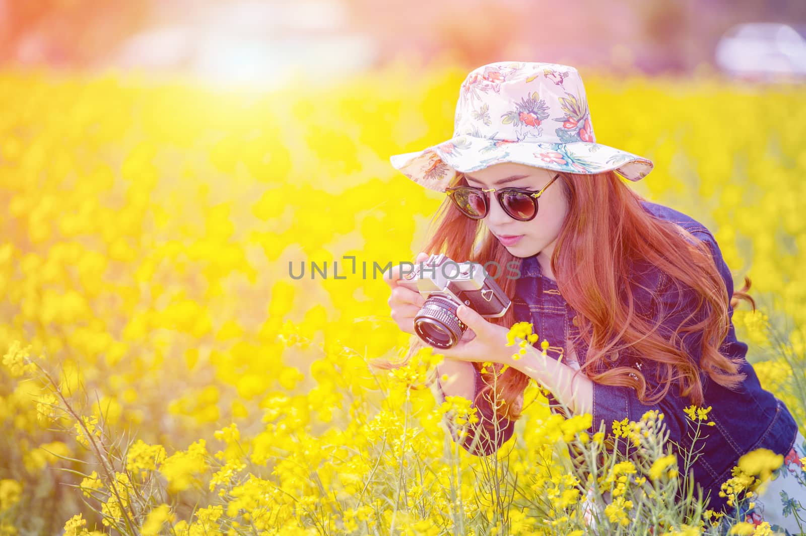 woman taking photos at a rapeseed flowers