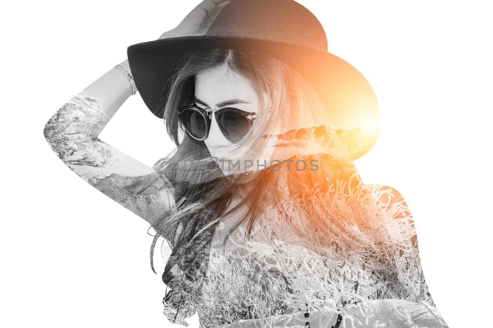 Double exposure portrait of beautiful girl combined with photogr by gutarphotoghaphy
