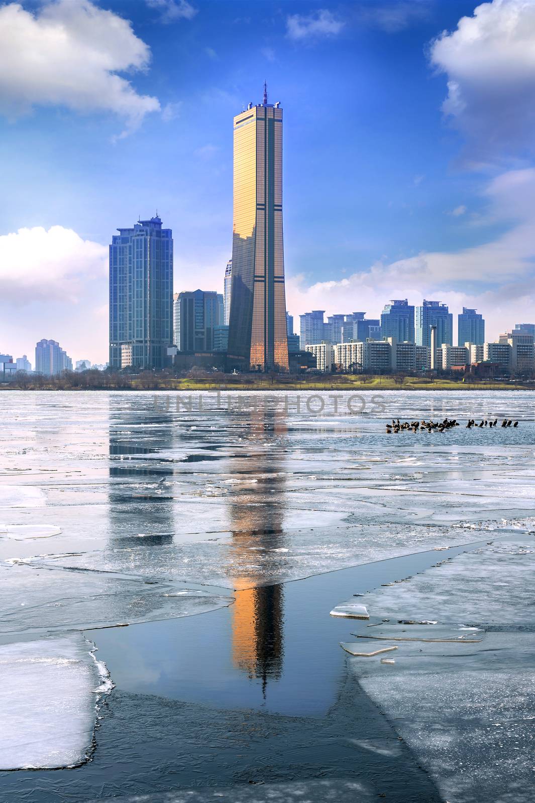 Ice of Han river and cityscape in winter,Seoul in South Korea. by gutarphotoghaphy