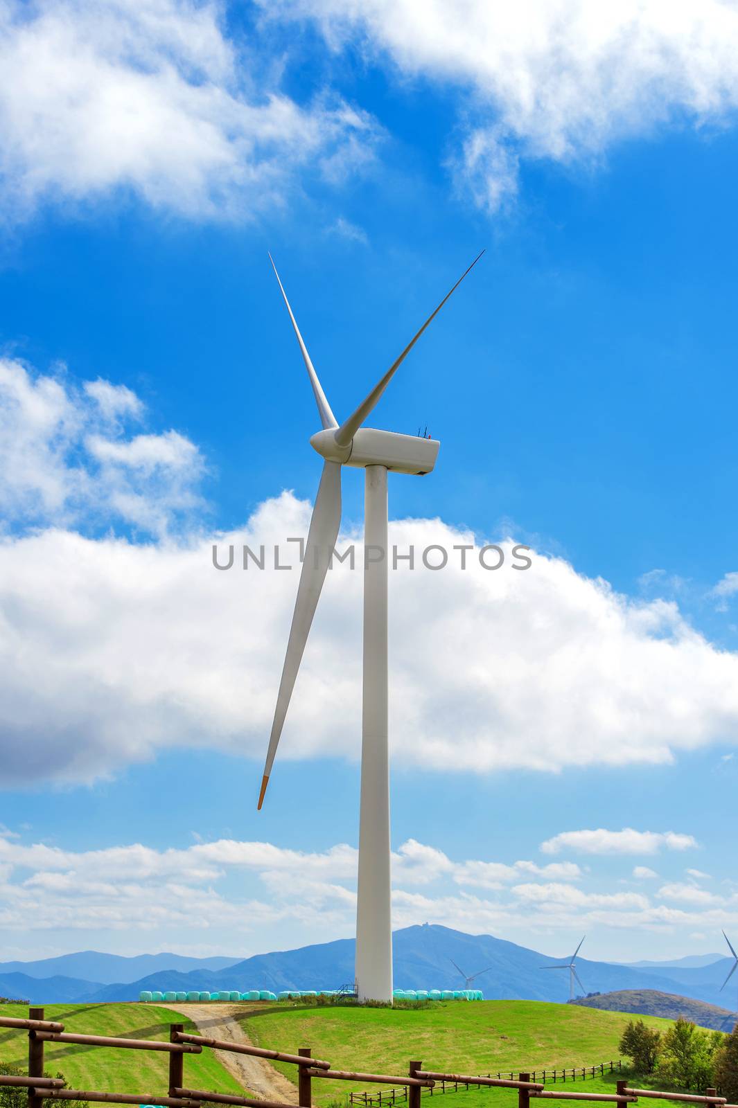 Wind turbines generating electricity on green meadow. by gutarphotoghaphy