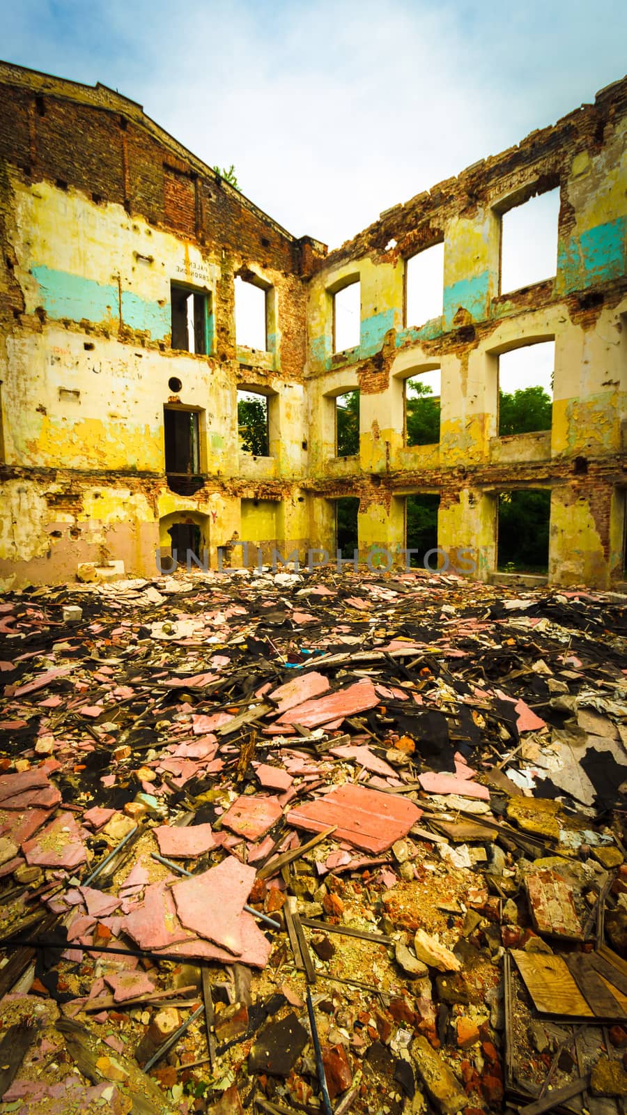 wide angle view of an old wall abandoned factory building