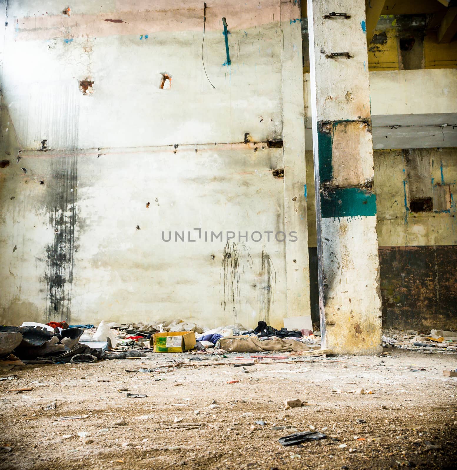 wide angle view of an old wall abandoned factory building