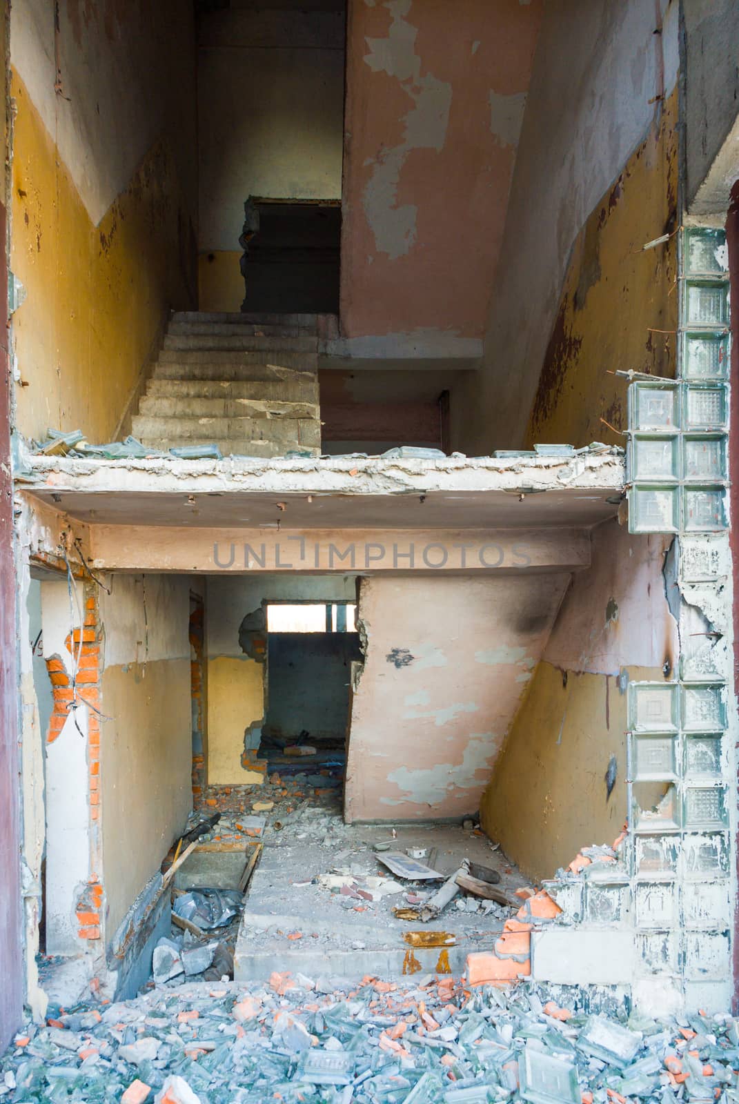 wide angle view of an old wall abandoned factory building
