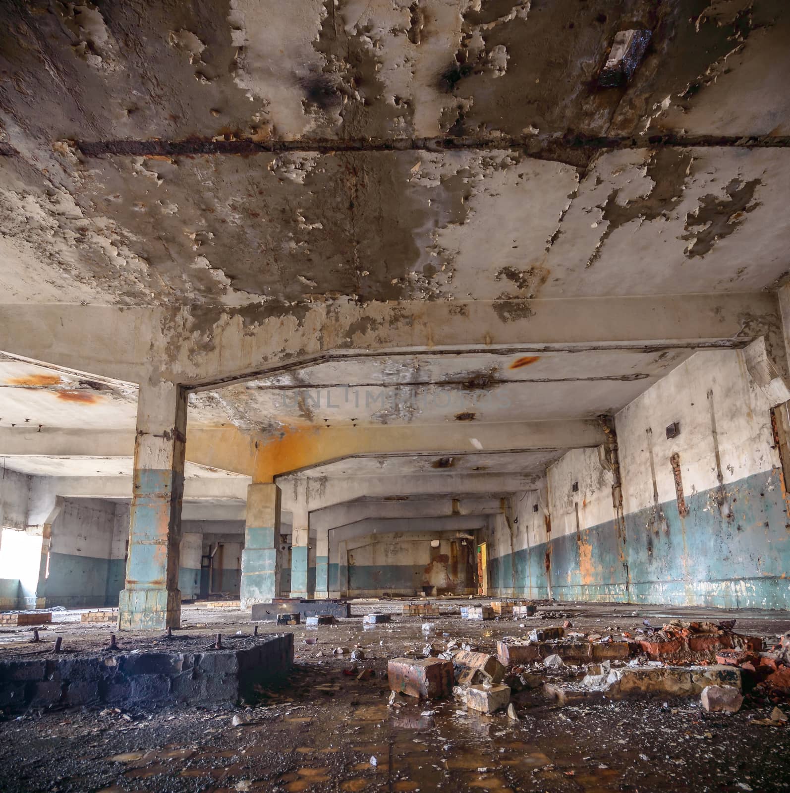 wide angle view of an old wall abandoned factory building