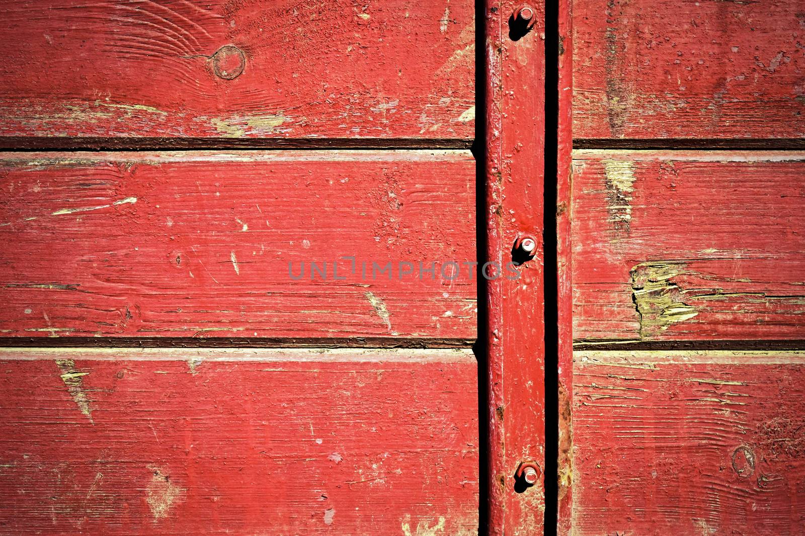 background or texture Red wooden slabs connected by iron