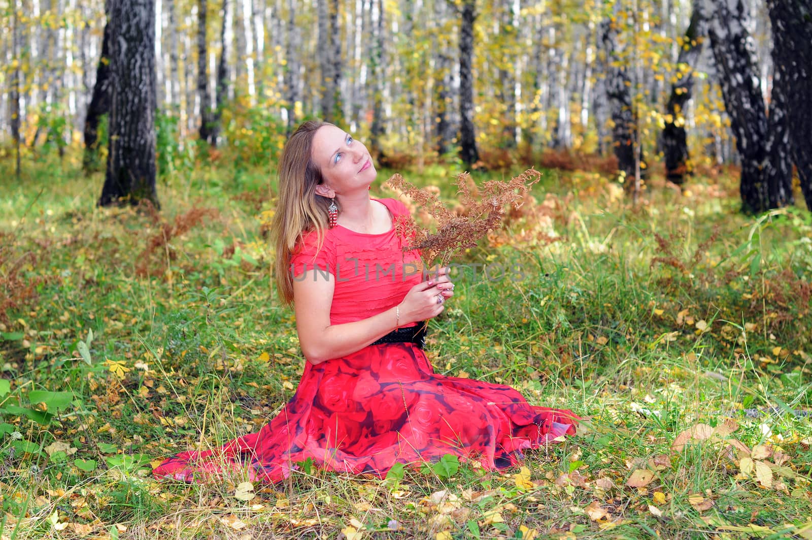the beautiful woman in red clothes in the autumn wood by veronka72