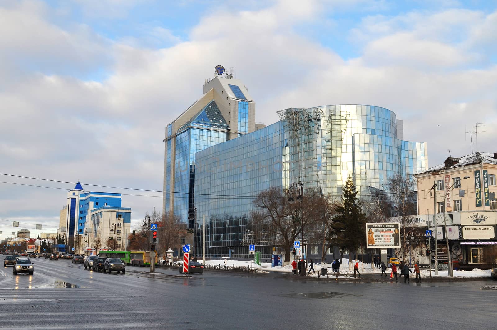 buildings of the Tyumen scientific research institute of regional infectious pathology, 
Gazoil-Plaza, business center and Taxi park. Tyumen, Russia, December, 2015